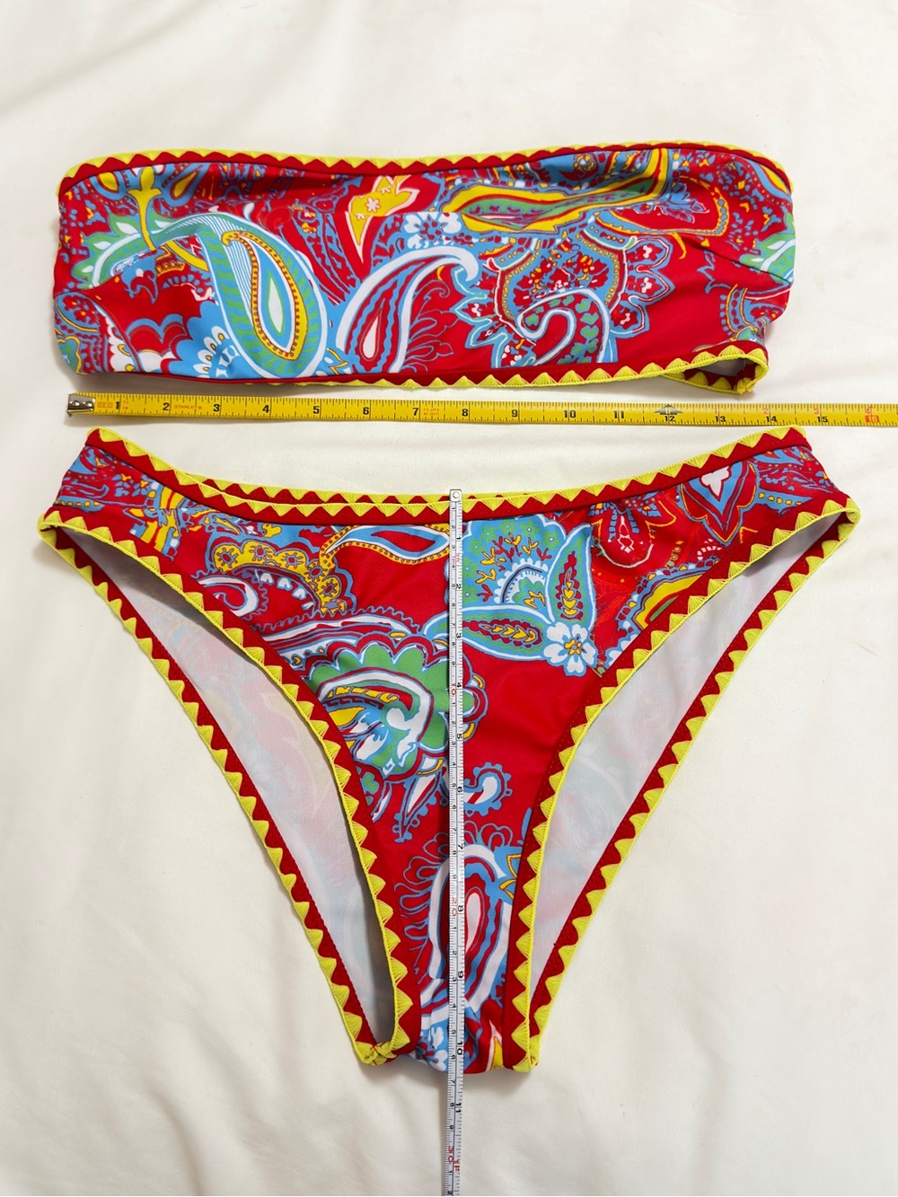 Red Paisley Bandeau Bikini Set with Yellow Trim
